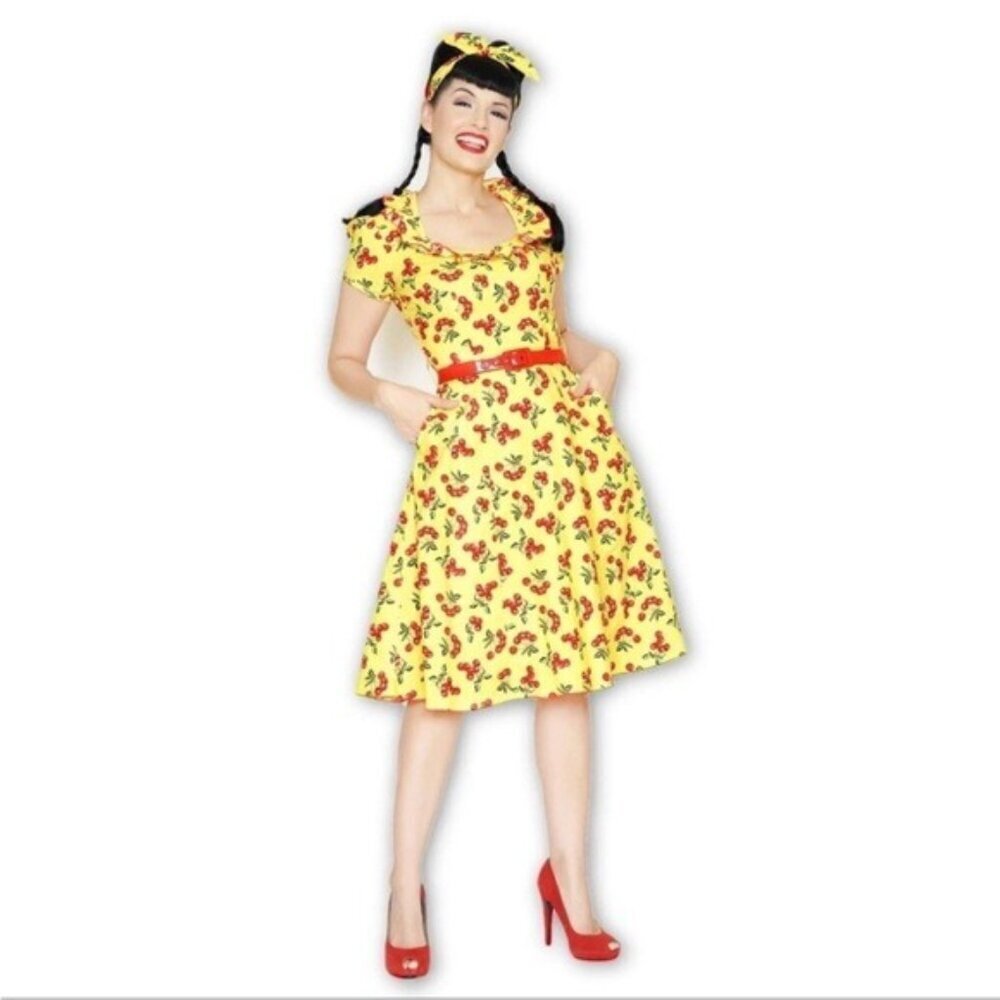 Bernie Dexter Yellow Cherry Print Dress Small - 1940s Retro Rockabilly Pin-Up